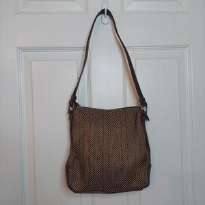 Fossil Vintage 80s Brown Woven Raffia Shoulder Bag Leather Strap Bohemian Hippie